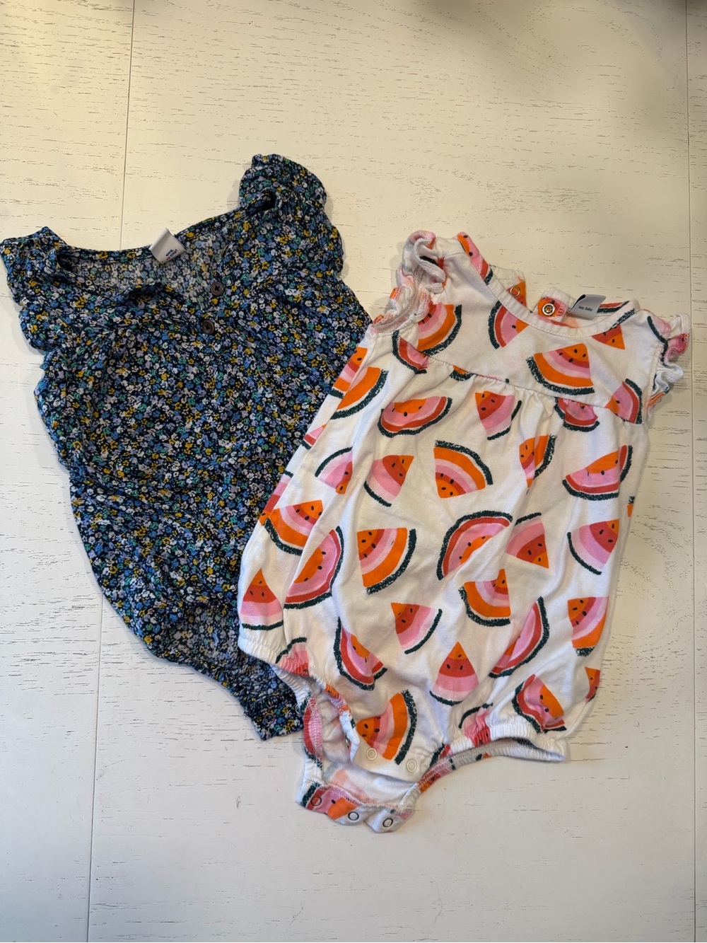 Old Navy Girls Floral Navy Romper & Watermelon Print White Romper Set of 2